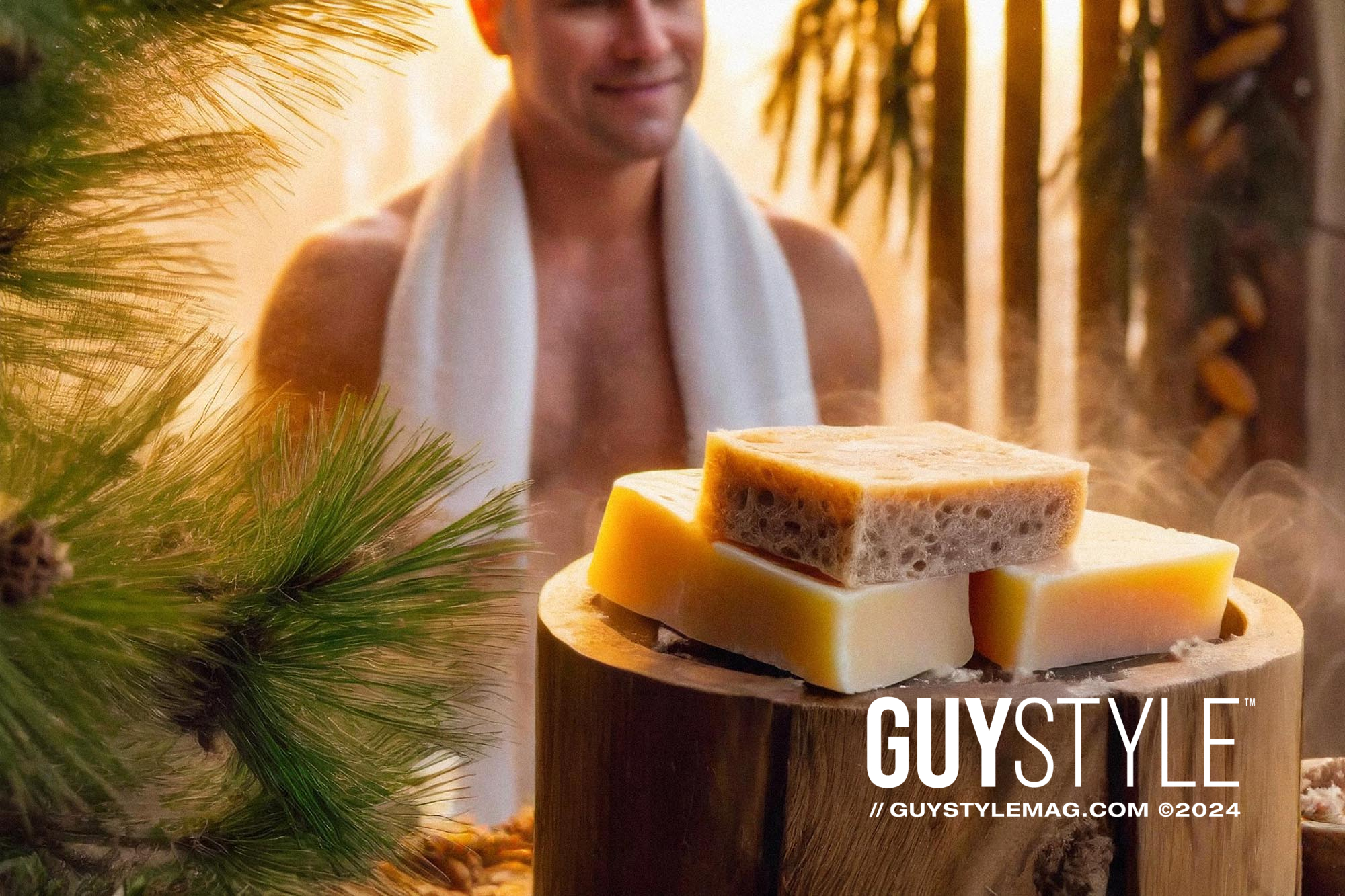 Firefly Natural Soap Bars In A Rustic Steamy Sauna With Pine Needles And A Shirtless Man With White 2 